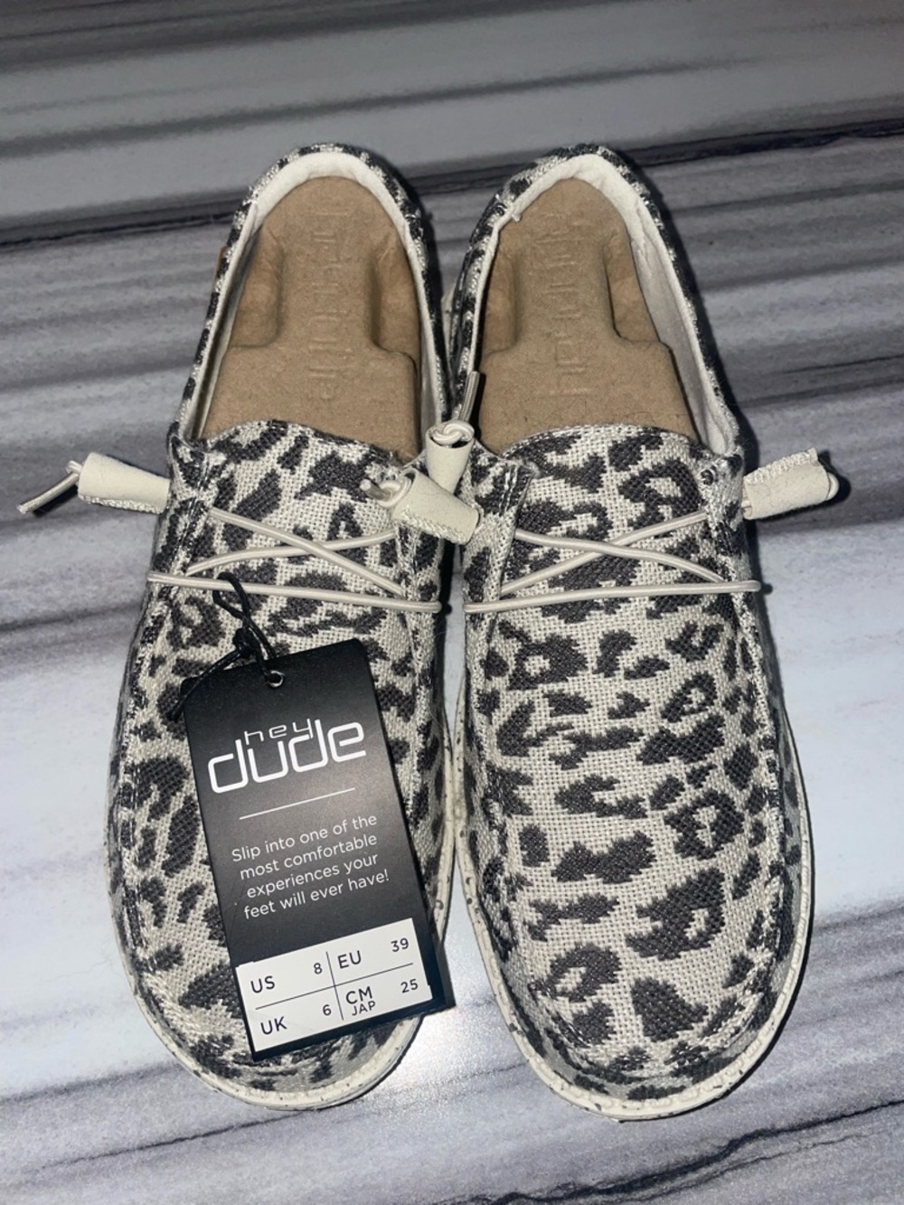 Hey Dude Leopard Print Slip-On Moccasins in Gray and Cream